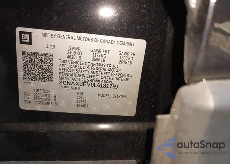 2020 Chevrolet Equinox Awd Lt 1.5L Turbo z USA, uszkodzony, nr VIN 2GNAXUEV0L6181759